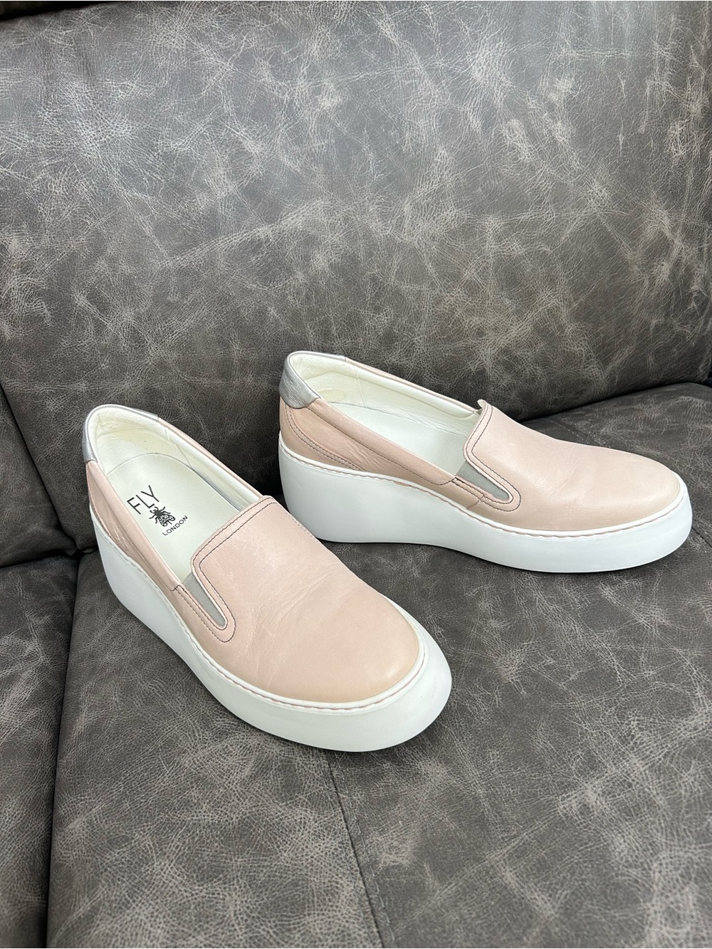 Fly London Women's Blush Pink Leather Platform Slip-Ons